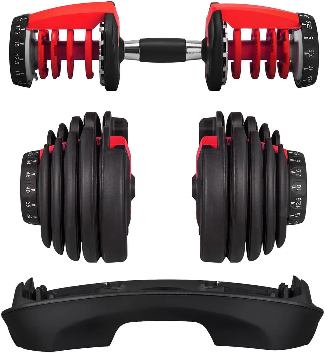 NaevaMi Verstelbare Dumbells - Dumbbells - Gewichten Halterset - Fitness Sport Set - Conditie en/of Krachttraining - Stalen Halters - Thuis Trainen - Met QuickLock-Systeem - 2.5 KG t/m 24 KG - Zwart/Rood