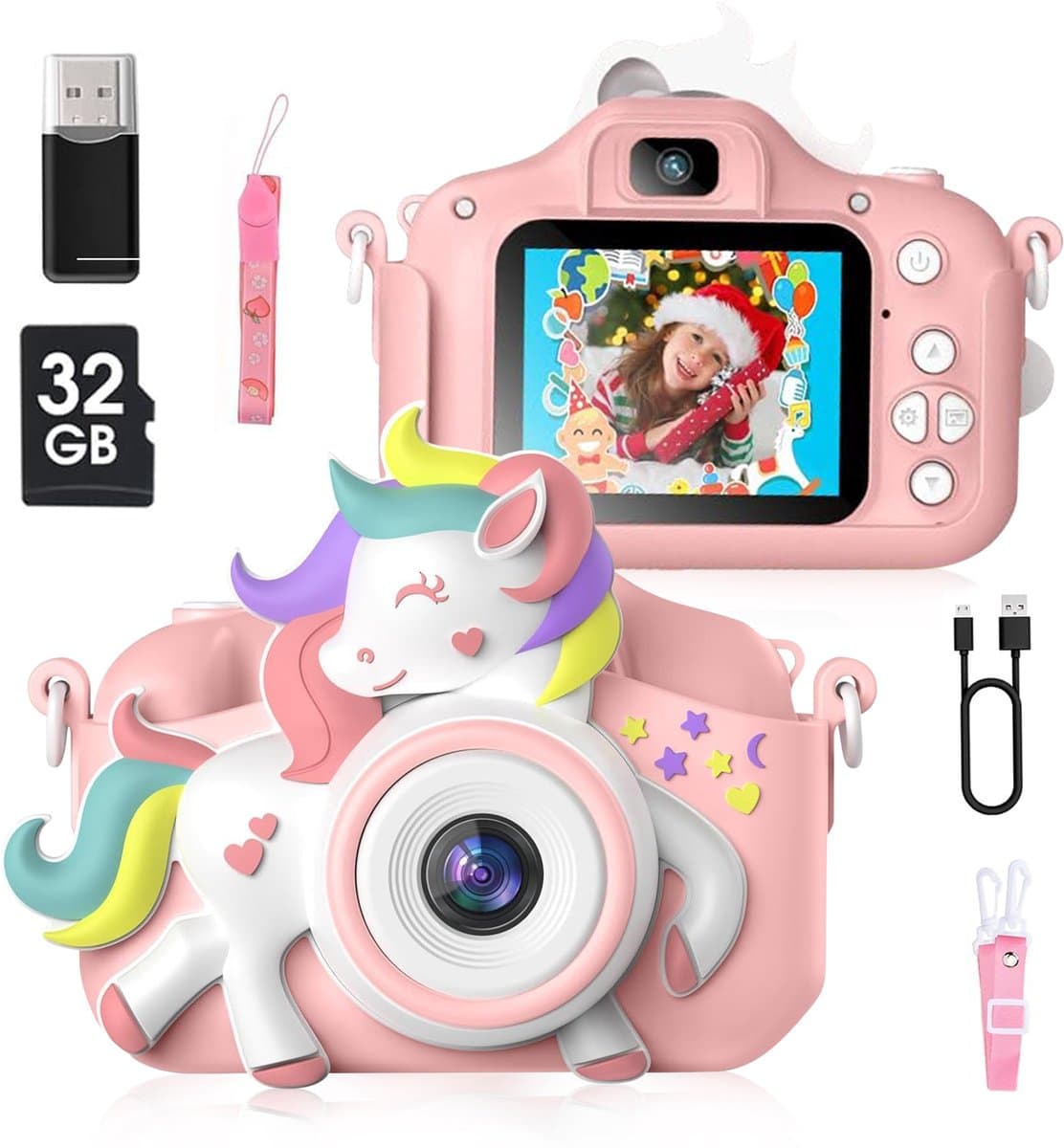 Ilona® Digitale Kindercamera HD 1080p inclusief stickervel - Speelgoedcamera - 32GB micro sd kaart - Fototoestel Voor Kinderen - Selfie Camera - Unicorn Roze I2