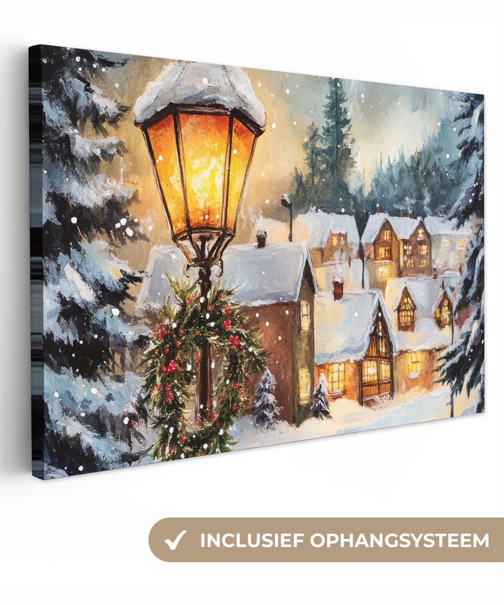 Canvas schilderij 120x80 cm - Wanddecoratie Kerstdorp - Huizen - Sneeuw - Kerst - Muurdecoratie woonkamer - Slaapkamer decoratie - Kamer accessoires - Schilderijen op canvas - Kerstdecoratie voor binnen - Kerstversiering - Kerstmis versiering