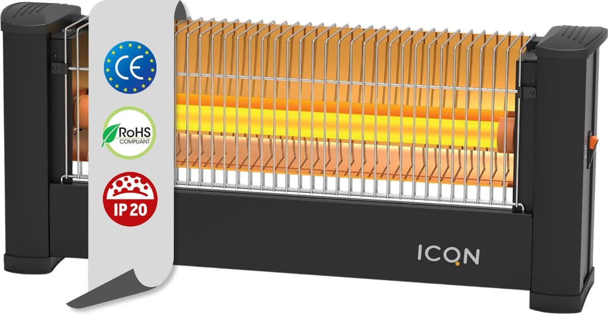 ICQN Infrarood Kachel, Halogeen-elektrisch Verwarming - Compacte en Draagbare Infraroodkachel met Omvalbeveiliging - 900W (9m²) Straal Kachel, en Infrarood Heater - IP20 Gecertificeerd