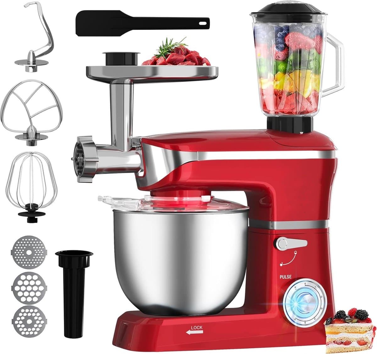 Royalty Line® PKM1900BG 3 in 1 Keukenmachine - 6.5 L Keukenrobot - 1900W Foodprocessor - Keukenmixer Met Blender & Vleesmolen - Rood
