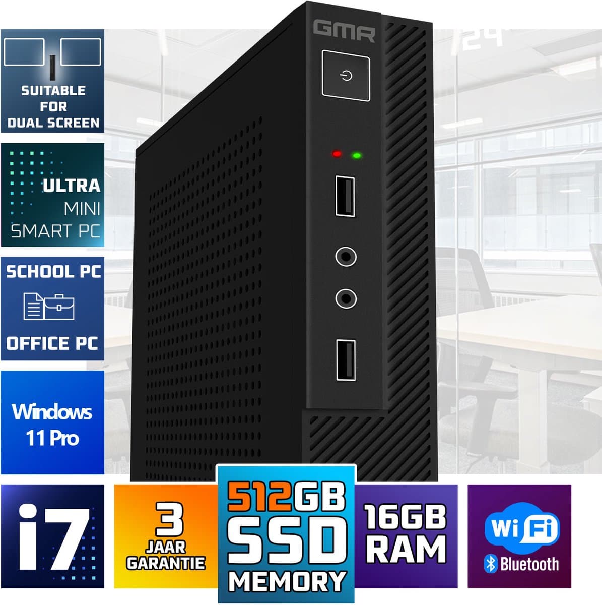 GMR Ultra mini Smart Computer met snelle Intel i7 - Business Office Desktop | 16GB RAM | 512GB SSD | USB3 | Windows 11 PRO | WiFi + Bluetooth | Incl. VESA bevestiging | Geschikt voor 2 schermen | 3 Jaar garantie | Direct klaar voor gebruik