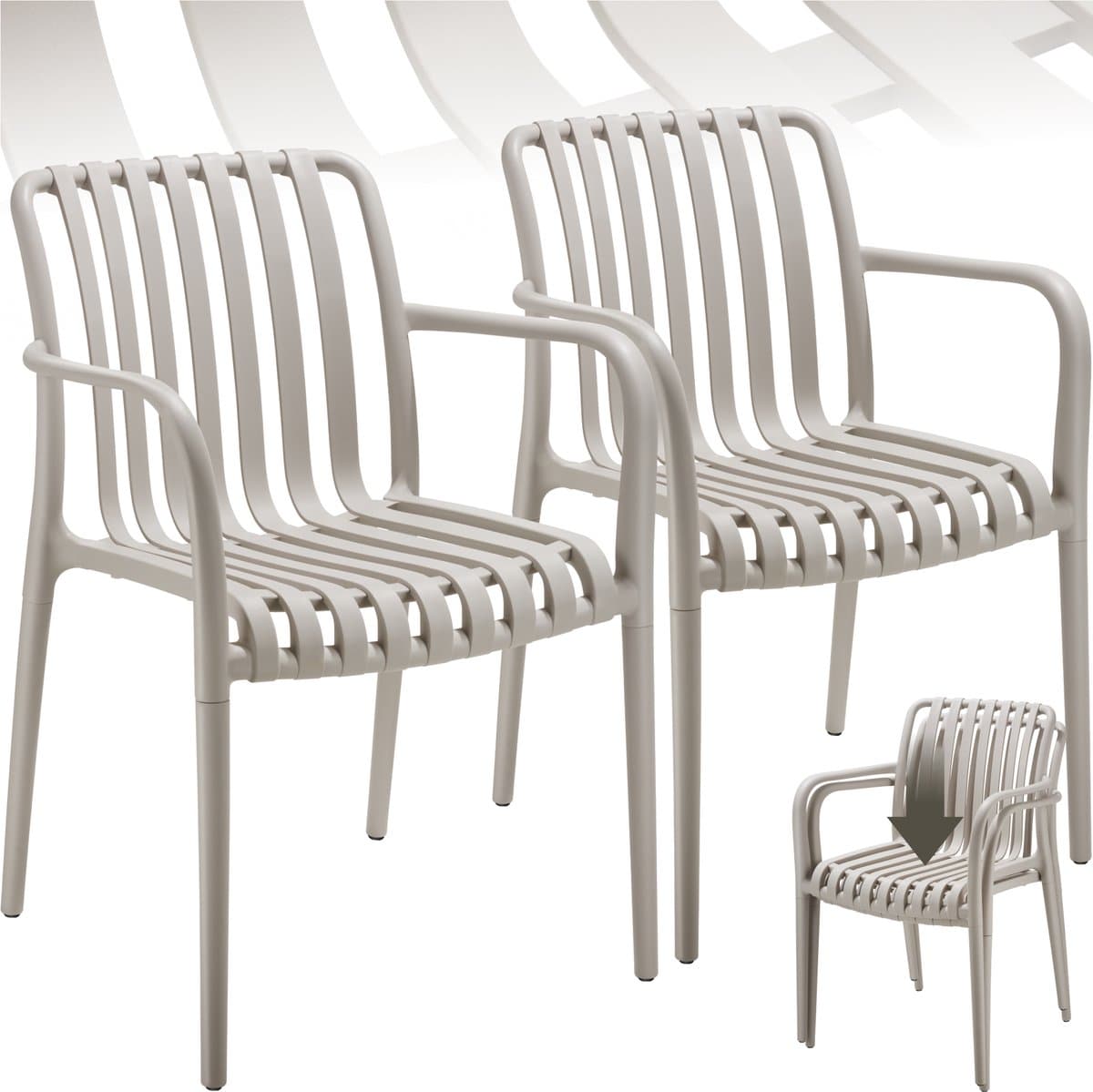 tectake® Set van 2 Tuinstoelen Alcudia - Taupe - Kunststof Stoelen met Armleuning - Tuinset voor om de Tuintafel of op de Camping Stapelbaar - Stoelen voor Tuin, Terras of Balkon - Weerbestendig en UV-bestendig - Draagkracht 120kg per Tuinstoel
