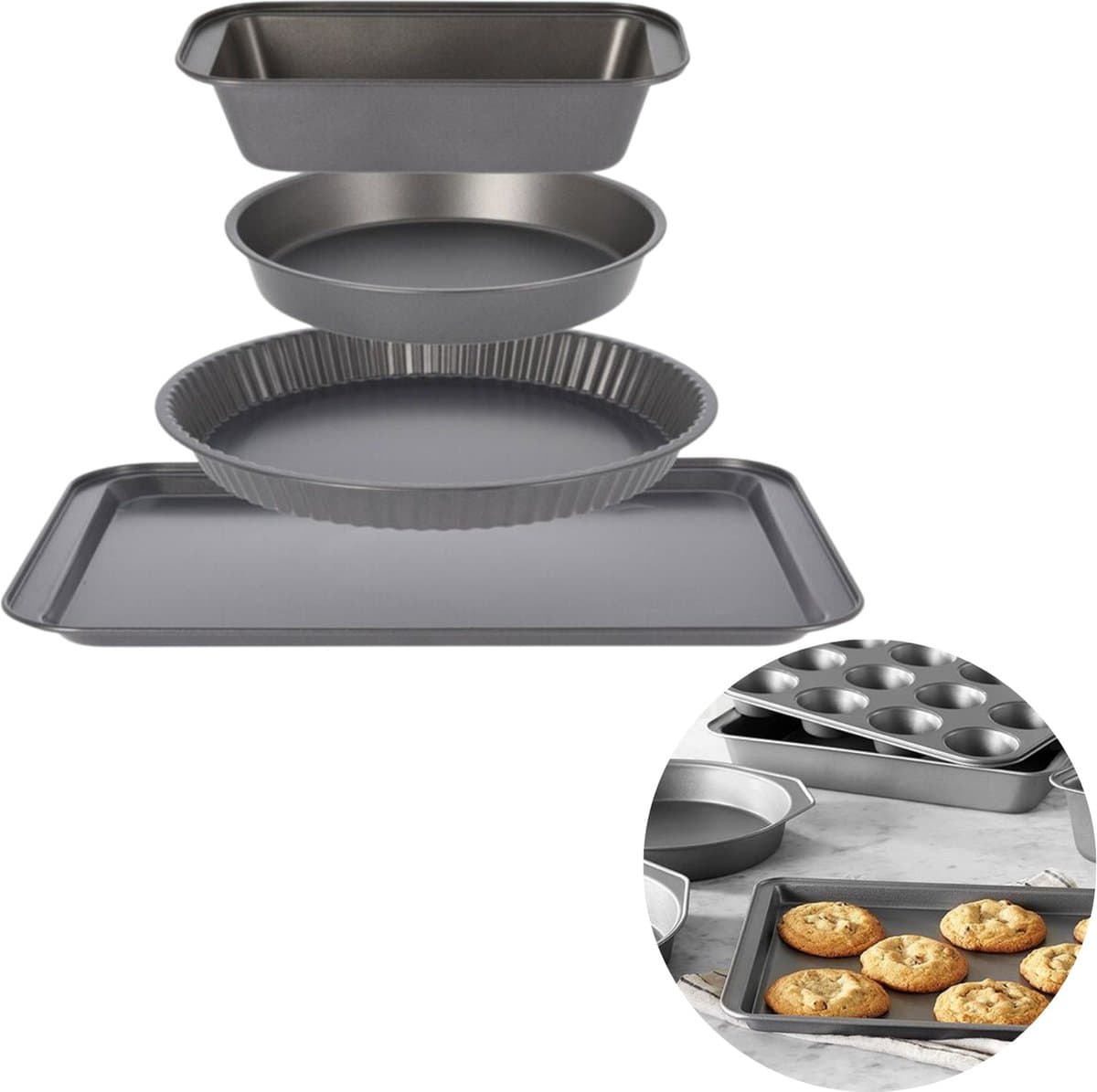 Bakvormen Set - Bakplaat - Rechthoekige Bakvorm - Ronde Bakvorm - Bakplaat - Anti-Aanbak Coating - Taartvorm - 4 Stuks - Inclusief EBOOK
