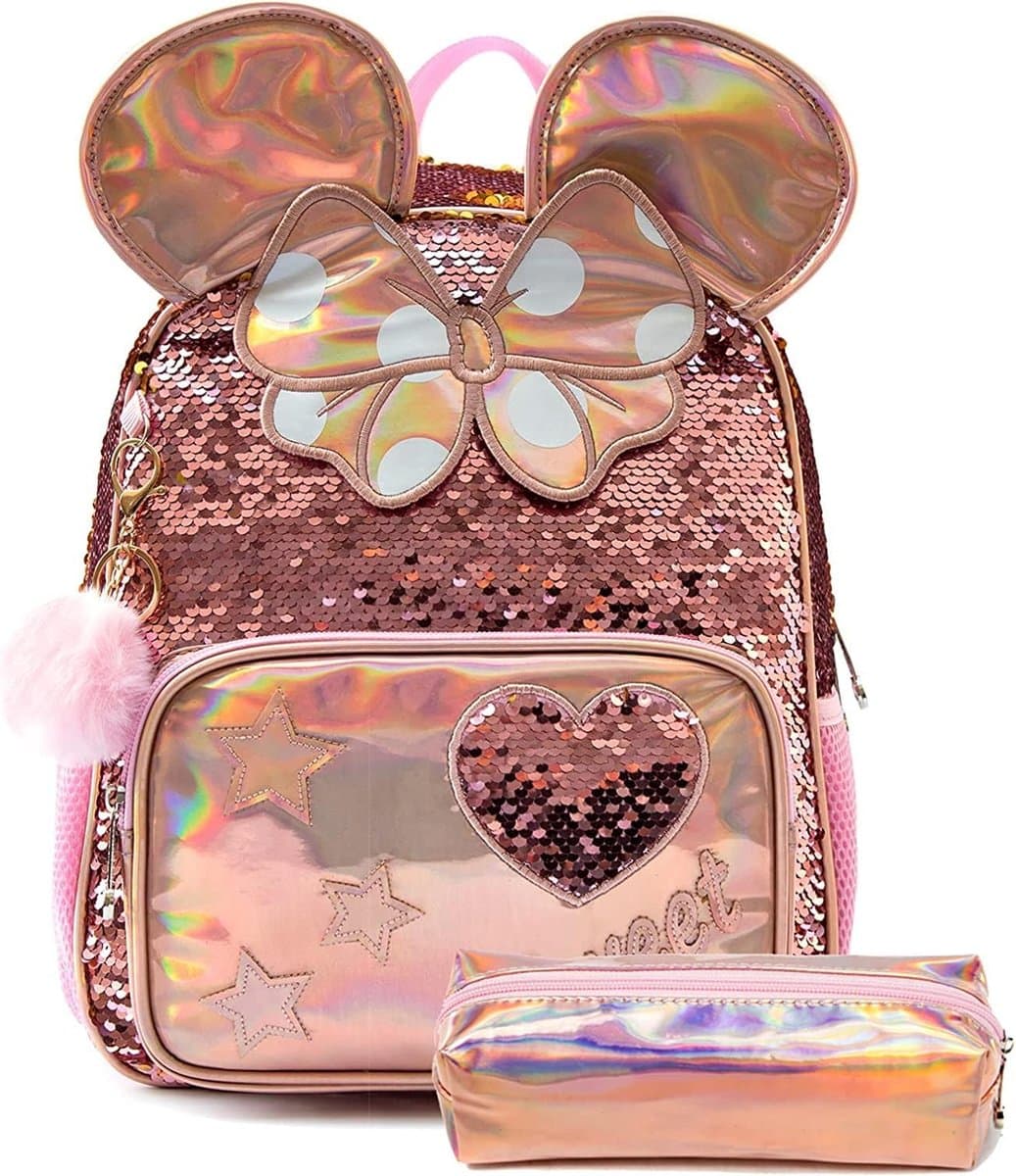 Joya Kids® Mini Oren Schooltas Pailletten | Rugzak Meisje | Muis rugtas | |Mini rugzak | Backpack meisjes | Roze Pailletten en Glitter Tas met Etui | 34 x 24 cm | Groep 1 - 4 | 10 Liter