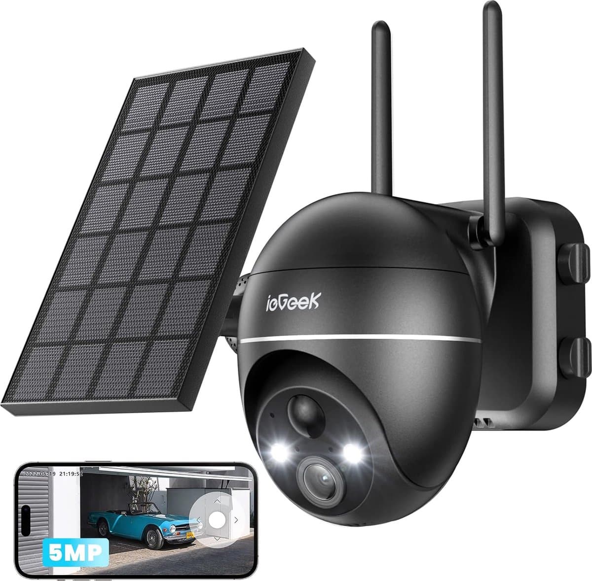 ieGeek 5MP WLAN bewakingscamera op zonne-energie voor buiten, accu, PTZ 360° draadloze IP-camerabewaking outdoor met kleurennachtzicht, PIR-bewegingsmelder, sirene/witlichtalarm, 2-weg audio