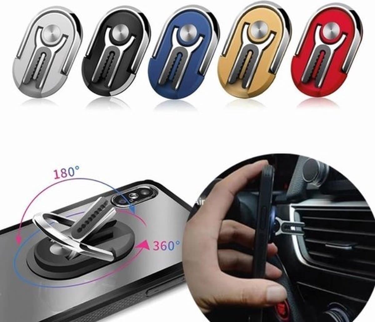 Multifunctionele zelfklevend clip telefoon houder, magneet, 360 graden auto ventilatie, draaibare vinger ring, auto accessoires, iPhone, Samsung, Huawei, Sony, LG (zilver)