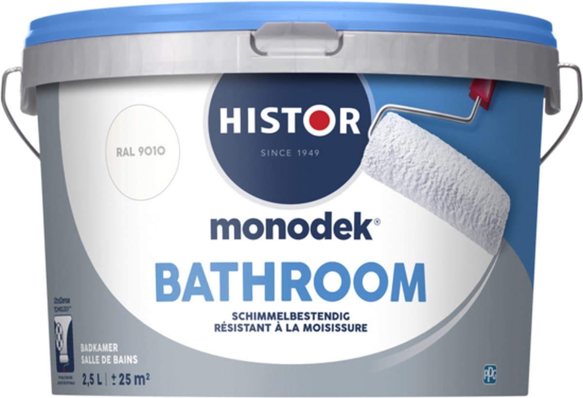 Histor Monodek Bathroom – Matte Badkamer Muurverf – Vochtregulerend en Schimmelbestendig – Dekking in 1 Laag – Geurarm en Oplosmiddelvrij – Muurverf voor Binnen – RAL 9010 – 2,5L