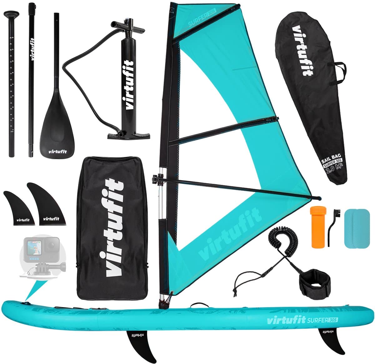 VirtuFit Surfer Opblaasbaar SUP Board 305 cm - Met Windsurf Zeil, Accessoires & Draagtas - Inclusief Mast, Vin en Reparatieset - Stand Up Paddle Board - Turquoise