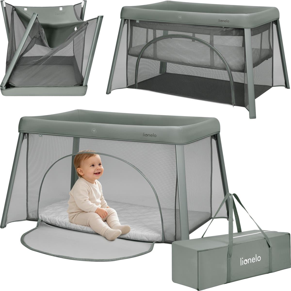 Lionelo Mila – 2 in 1 Reisbedje & Campingbed – Lichtgewicht – 2 Hoogteposities – 4 cm T25 Matras – 360° Mesh Ventilatie – Snel Compact Opvouwbaar – Zij-ingang met Rits – Inclusief Draagtas – Afneembare Wasbare Hoes