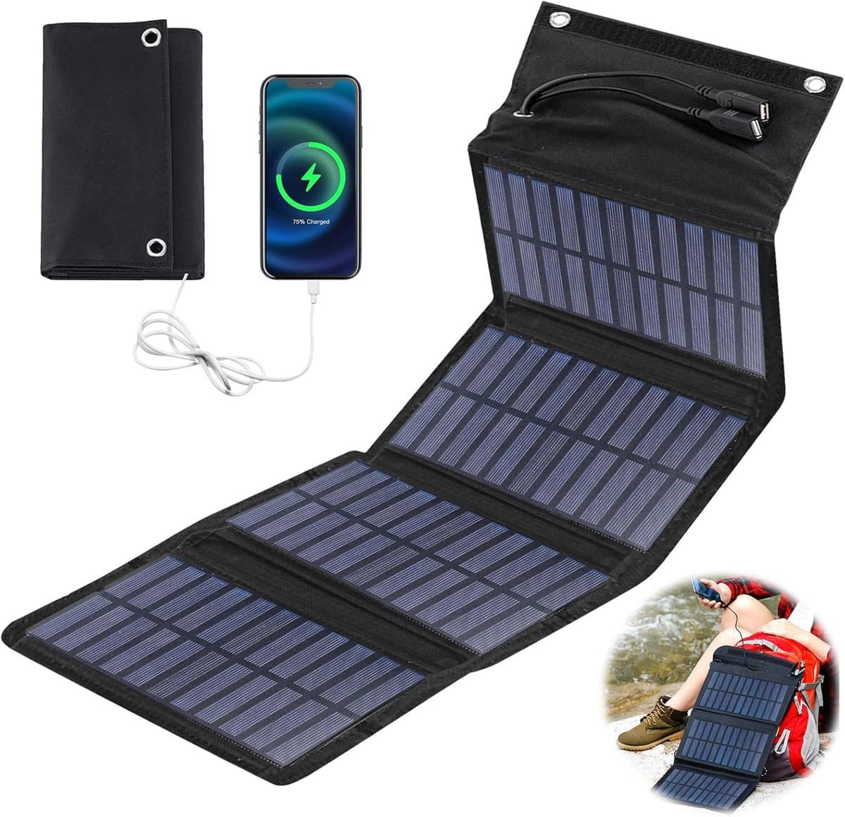 Opvouwbaar zonnepaneel, 10 W, draagbare oplader op zonne-energie, 5 V, 2 USB, waterdicht voor outdoor-activiteiten, camping, oplader voor mobiele telefoon, powerbank