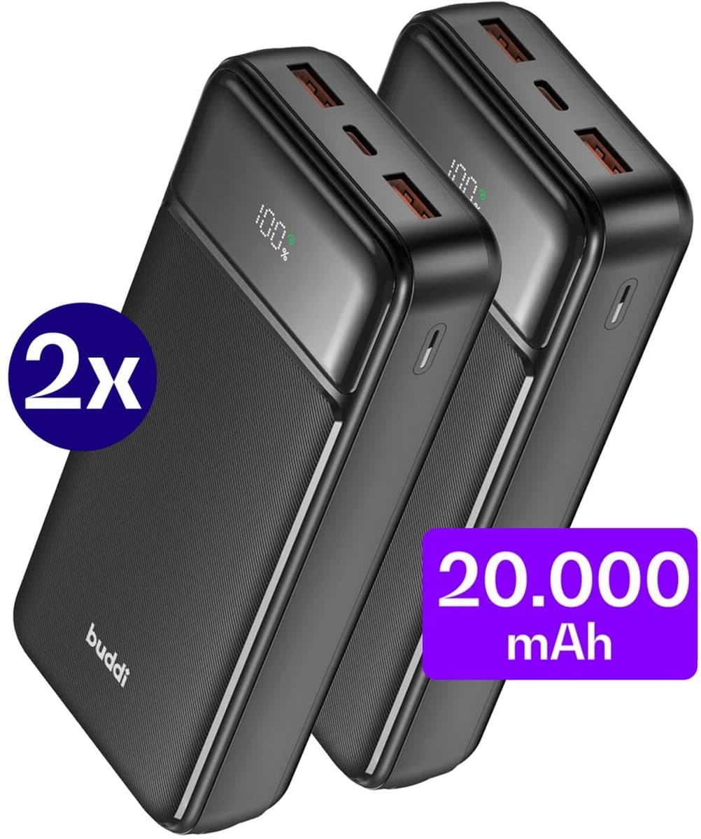 Buddi Boost - Duo Pack - 20.000 mAh Powerbank - Reisformaat - LED Display - USB-A - USB-C Snelladen - Universele Draagbare Oplader voor o.a. Samsung en iPhone - Ideaal voor Handbagage - Zwart