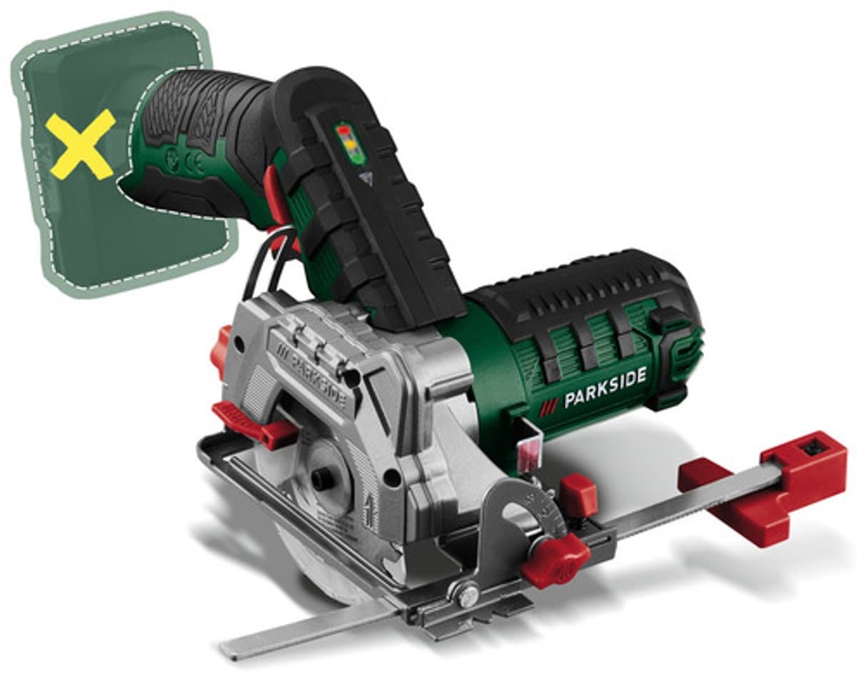 PARKSIDE Accu-handcirkelzaag 12V zonder accu - Toerental: 1400 tpm - Zaaghoek: 0–45° - Zaagdiepte: max. 26 mm (bij 0°) - Zaagblad: Ø85 x Ø15 mm - Exclusief accu en snellader