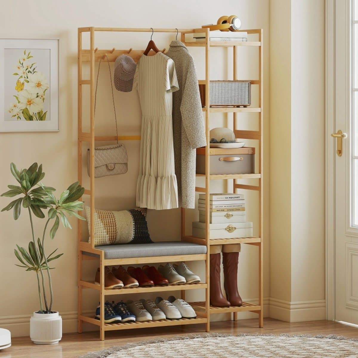 MODFU Luxe 5-in-1 Kapstok met Zitbank - Bamboe Garderoberek met Schoenenrek & 5 Zijplanken - Halmeubel - Naturel