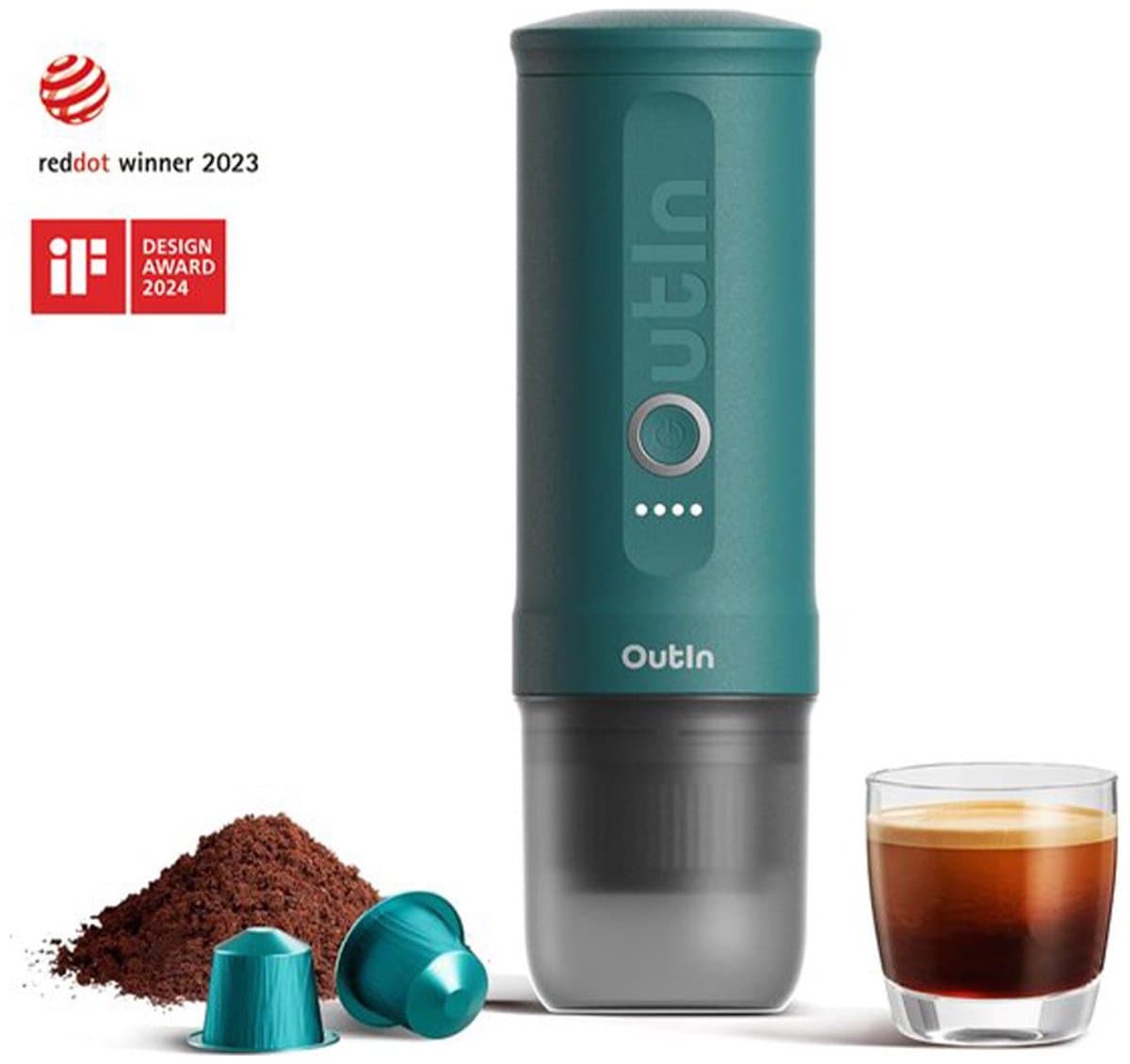 Outin - Draagbare Elektrische Espressomachine | Koffiezet apparaat voor Onderweg | Capsules & Gemalen Koffie | Portable Espresso Machine | Snelle Waterverwarming | 20 bar | Draagbare Koffiemachine | Reis & Camping Koffiezetapparaat | 12 volt