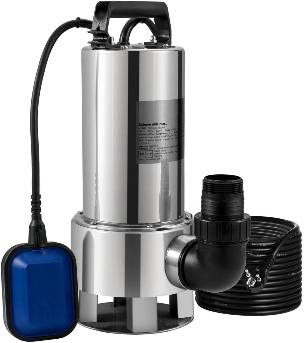 Dompelpomp - Waterpomp - Pomp - Vuilwaterpomp - 1300W - RVS - 20000L/H - met 10 Meter Snoer - voor Kelder, Zwembad en Vijver