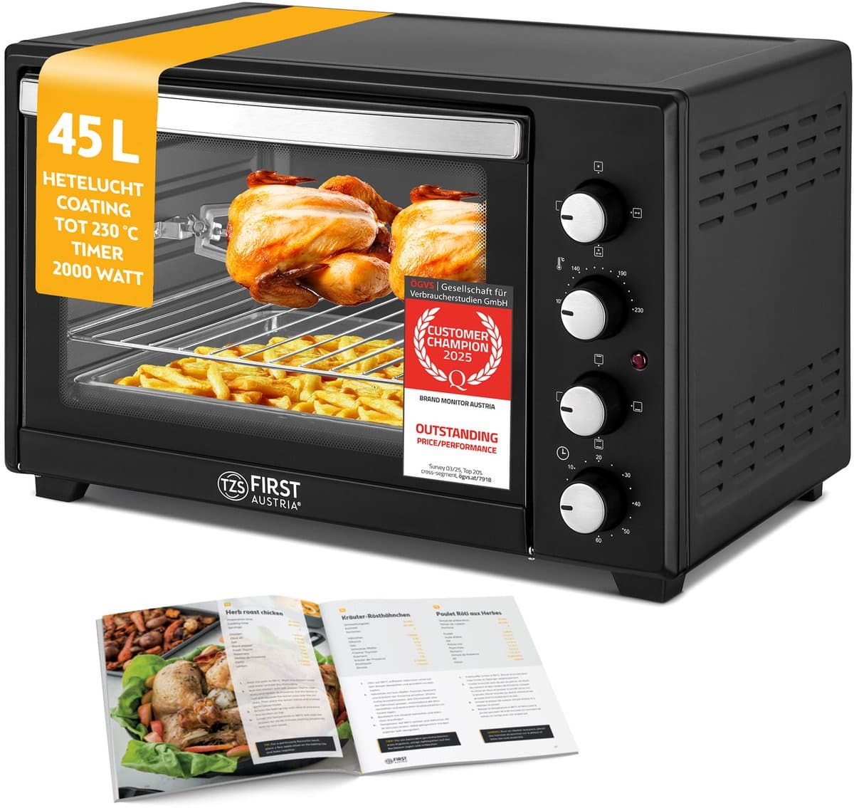 TZS First Austria Mini oven 45L - 2000W - Vrijstaande Heteluchtoven -Premium-X-coating - max 230°C - Timer