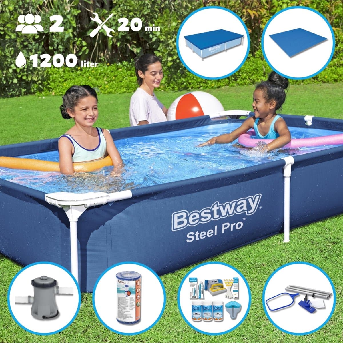 Bestway Zwembad - Opzetzwembad - Rechthoekig - 221 x 150 x 43 cm - Blauw - Inclusief Pomp - Filter - Chloorpakket - Onderzeil - Afdekzeil - Schoonmaakset