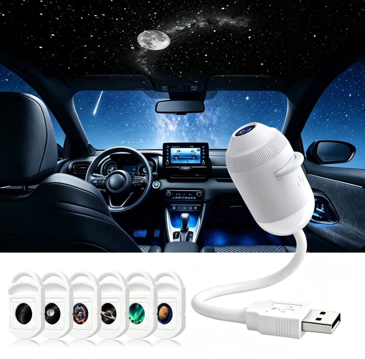 2-in-1 Projector - Sterrenprojector & Nachtlampje - met 6 Verwisselbare Films - HD - flexibele zwanenhals (360° draaibaar) - Plug-and-play - USB Aangedreven - draagbaar - Sterrenhemel Projector - Heelal - voor slaapkamers en gebruik in de auto