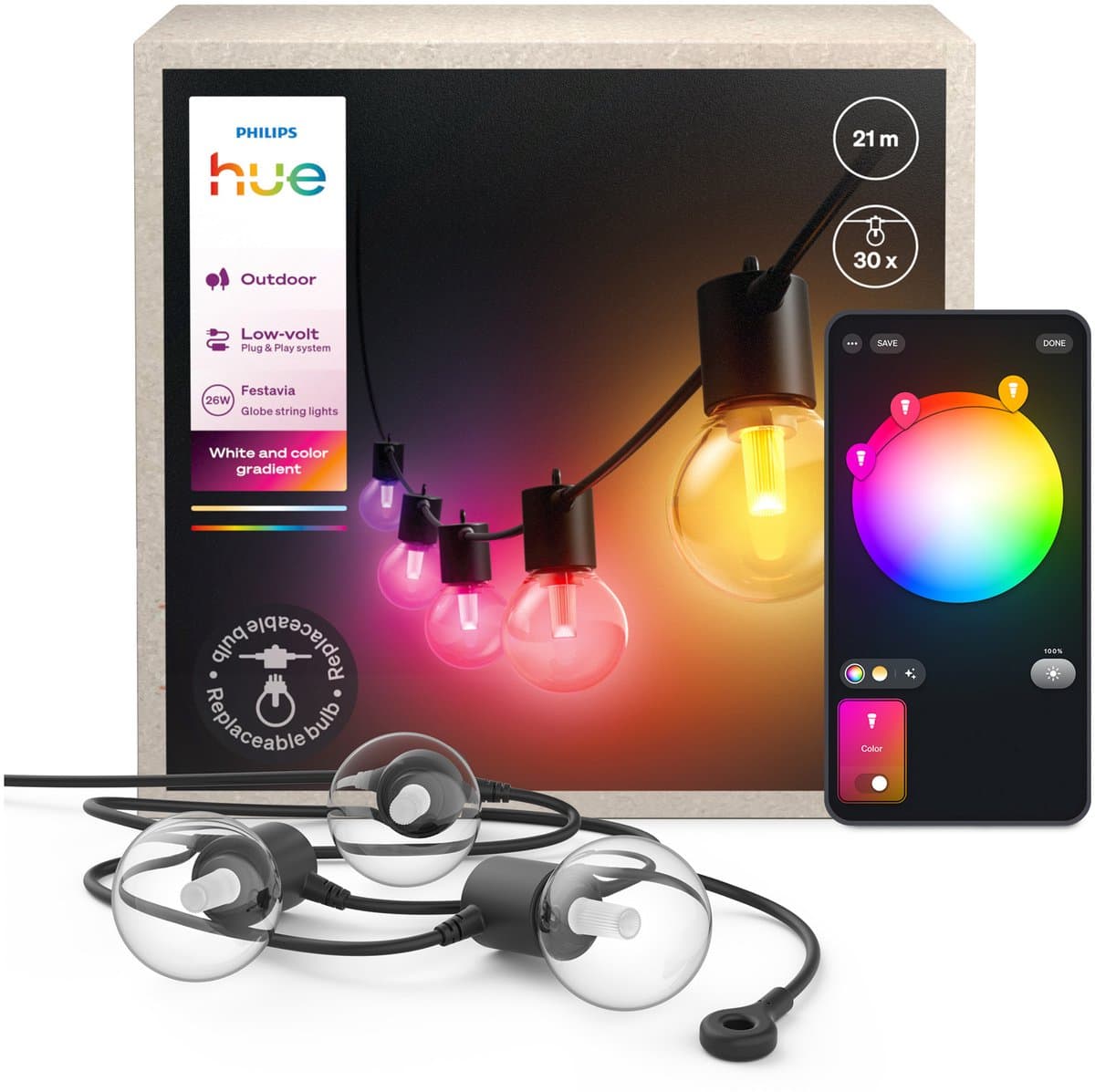Philips Hue Festavia outdoor lichtsnoer met globe-lampen – 21 meter – 30 lampen
