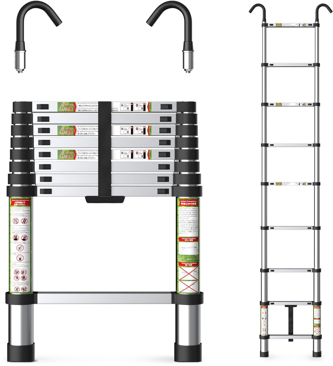FelixKing aluminium telescopische ladder met stabiele haak, inklapbare ladder van 2,6 tot 5 meter met antislipvoetjes, lichtgewicht draagbare uitschuifladder voor huishoudelijk en buitengebruik, draagvermogen van 136 kg voor thuis, zolder en vliering