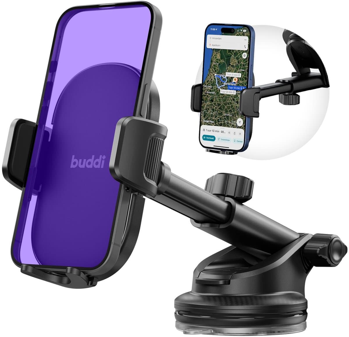 Buddi Way 2 Universele Telefoonhouder Auto Dashboard/Raam met Zuignap - Autohouder Voorruit - Verstelbaar en 360° Draaibaar - Geschikt voor o.a iPhone, Samsung en andere smartphones