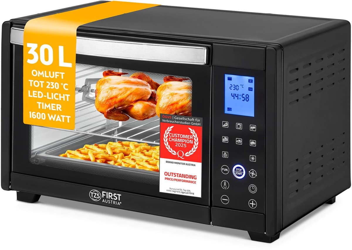 TZS First Austria Vrijstaande Oven 30L Digatal - 1600W - Vrijstaande Heteluchtoven - max 230°C - Timer