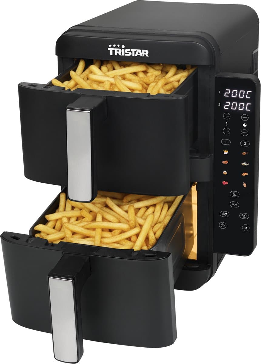Tristar FR-9074 - Stack airfryer XXL - 9L - 2 onafhankelijke kookzones - Dubbele gestapelde lades - 8 kookprogramma's - 2400W - PFAS-vrij - Bespaart 45% Ruimte - 6 personen