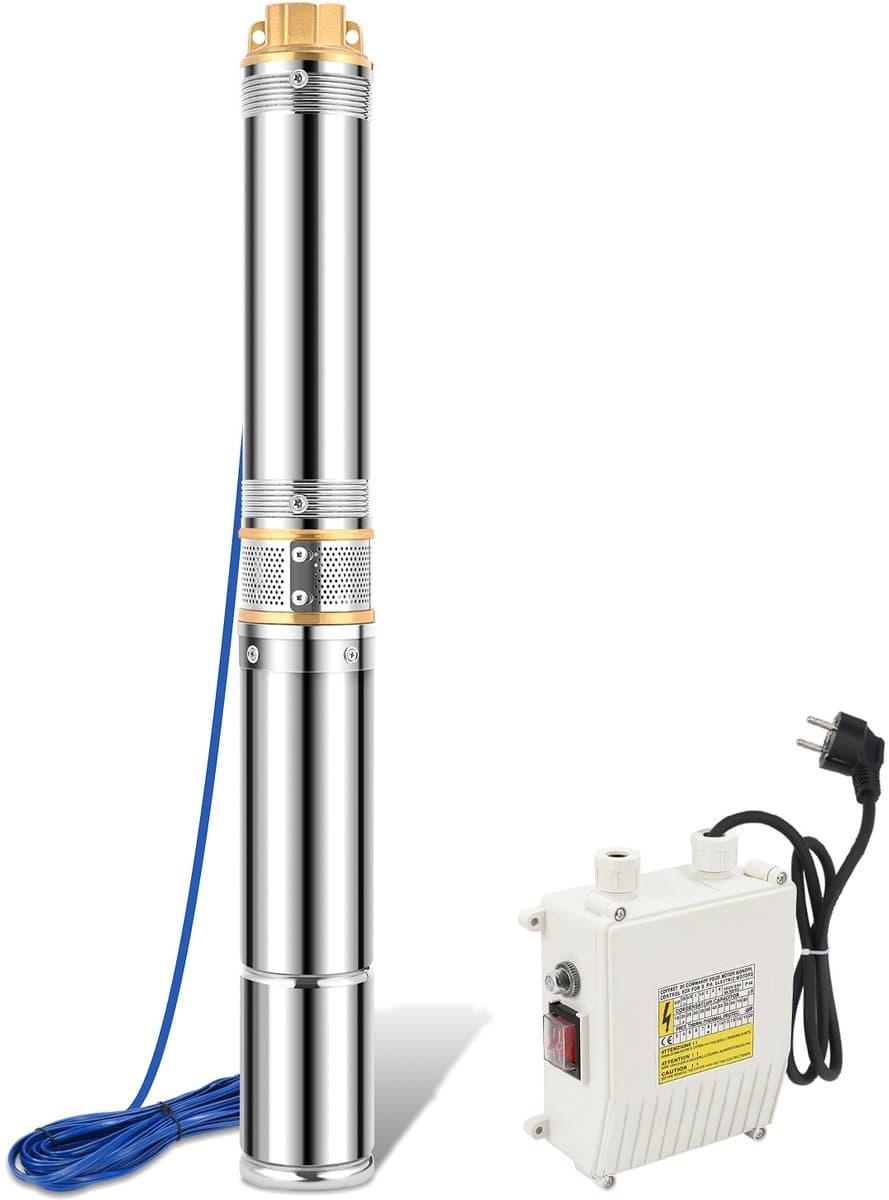 Diepe Bronpomp - Stroom 4000 L/H - 750W Dompelpomp - Maximale Opvoerhoogte van 81m - met Externe Schakelkast en 20 m Stroomkabel - met Terugslagklep en Filter - Voor Regentonnen Reservoirs - Kanalen - Rivieren