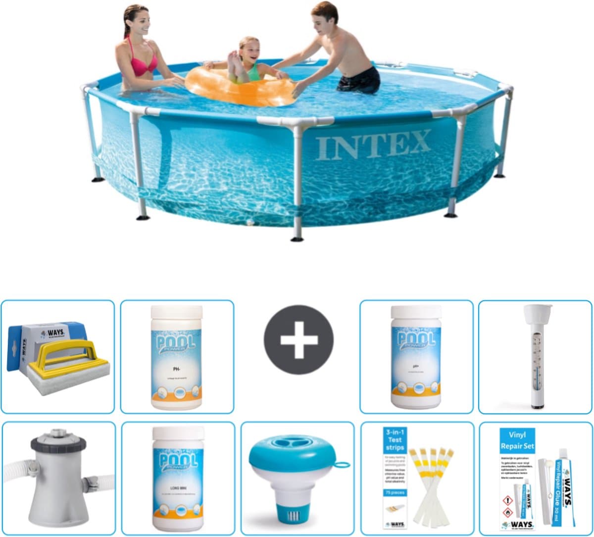 Intex Rond Frame Zwembad - 305 x 76 cm - Waterprint - Inclusief Pomp Chloor - Chloordrijver - Testrips - Reparatiesetje - Scrubborstel - PH-waarde - PH-waarde - Thermometer