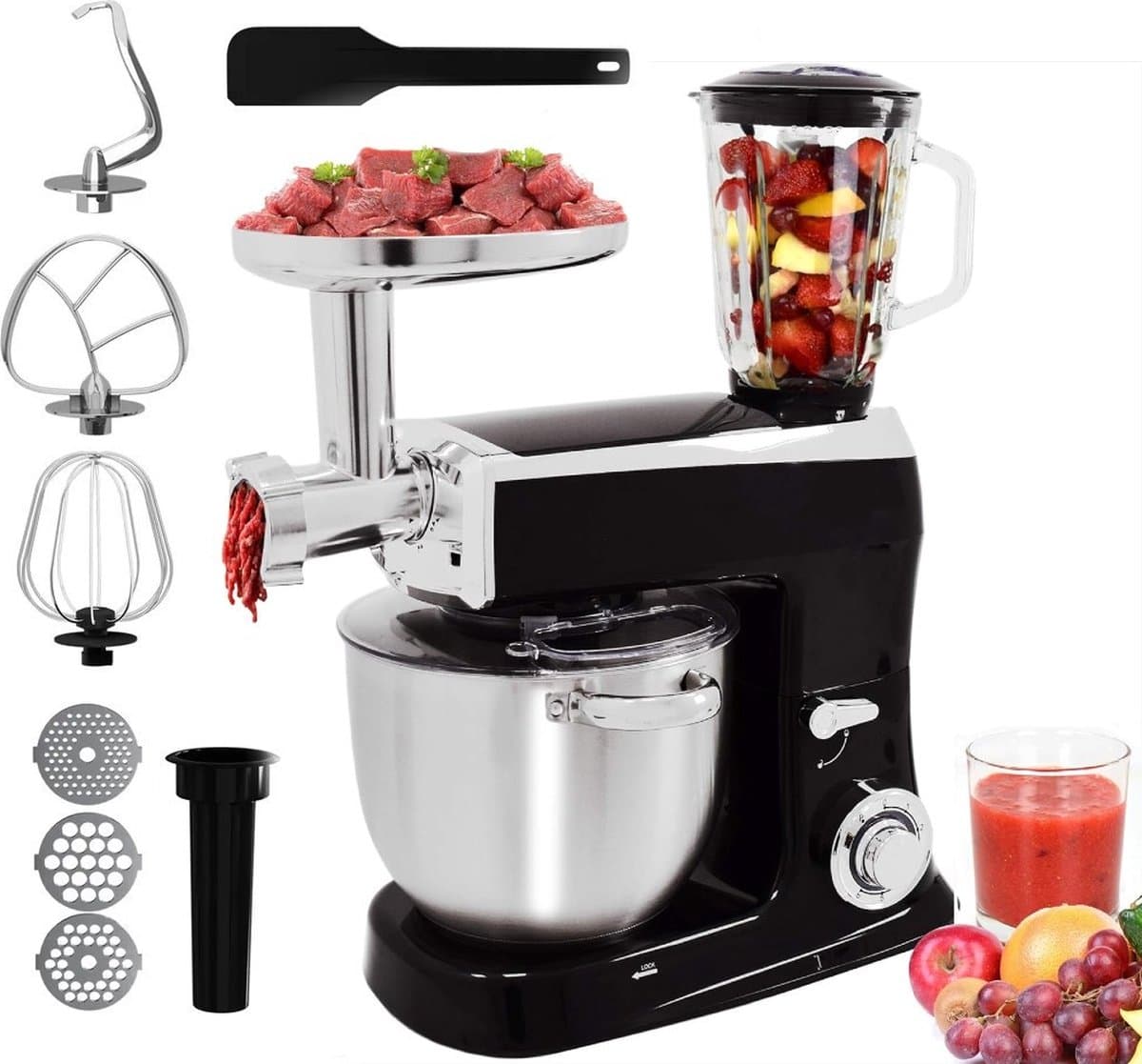 Royalty Line® PKM2100BG 3 in 1 Keukenmachine - 7.5 L Keukenrobot - Krachtig 2100W Foodprocessor - Keukenmixer Met Blender & Vleesmolen - Zwart