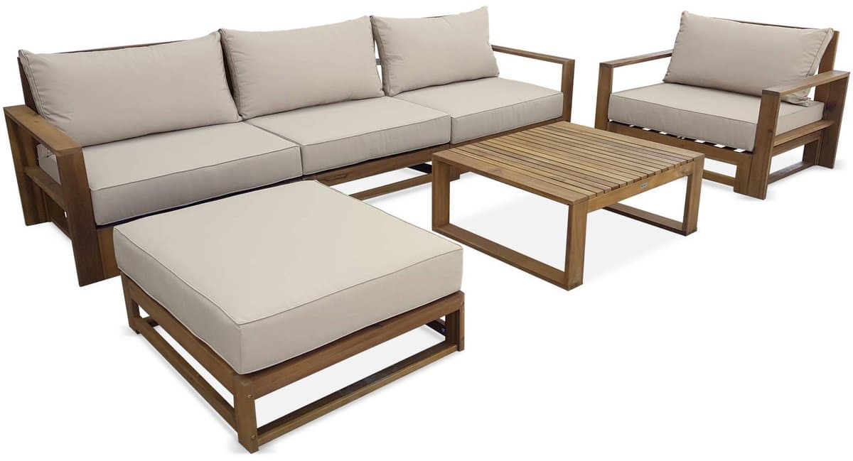 sweeek - Tuinset van hout voor 5 personen - mendoza - bank, fauteuils en salontafel van acacia, 6 modulaire elementen, design