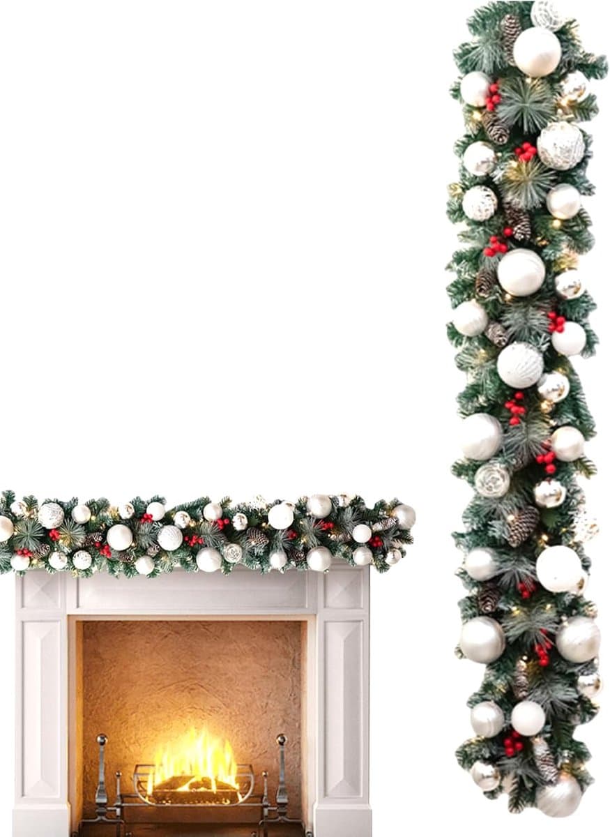 Kerstguirlande Met Verlichting - Kunstmatige Dennegirlande - Feestelijke Decoratie - Automatische Timer Functie - 135 cm - Zilver