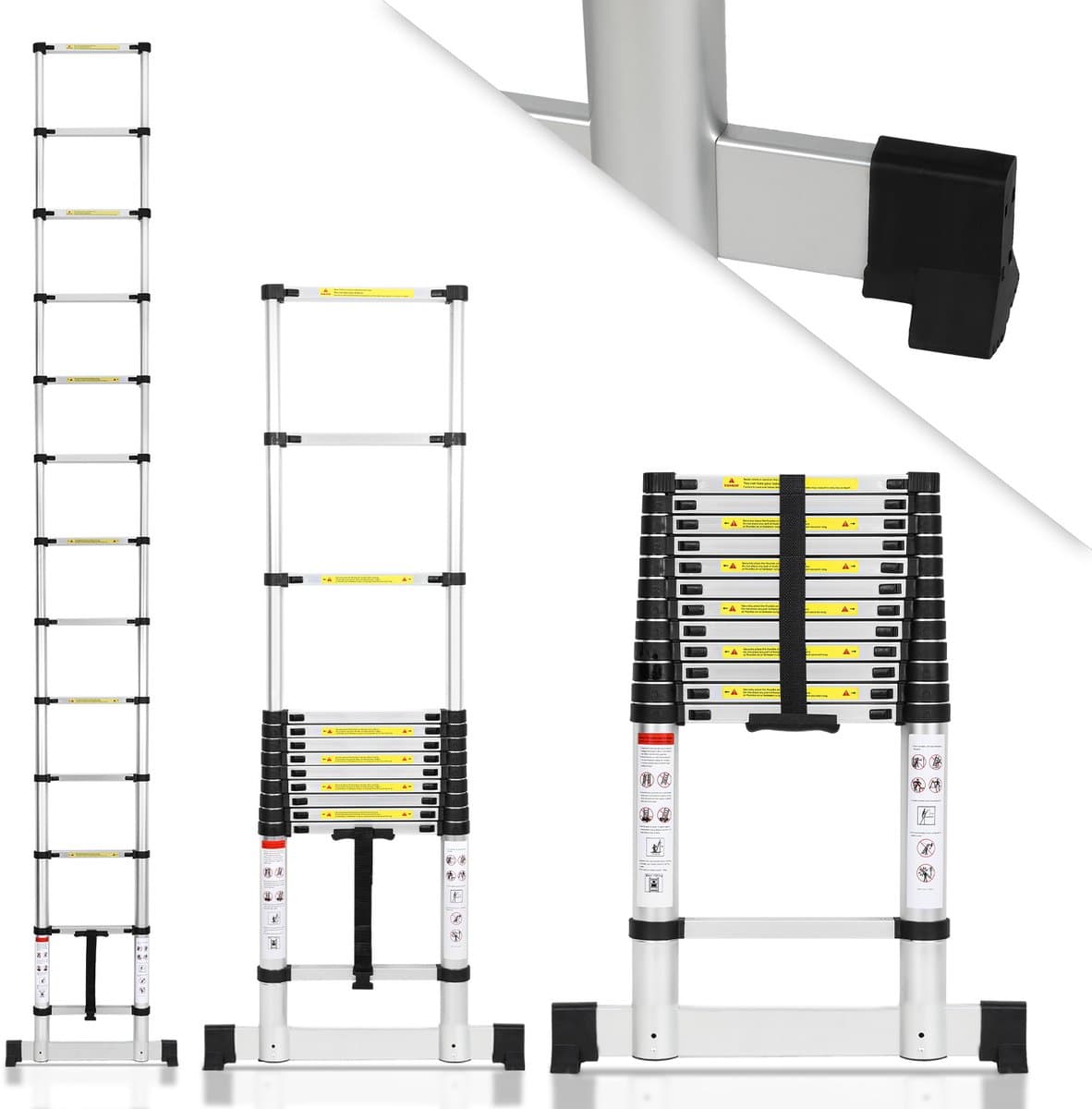 Telescopische Vouwladder - Telescopische Ladders - Werkhoogte 3,8M - zilverachtig - lichte uittrekbare ladder - met Barre d'équilibre