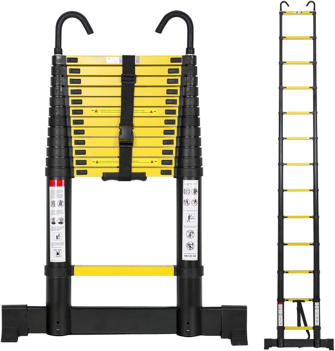 Telescopische Vouwladder - Telescopische Ladders - Werkhoogte 3,8M Zwart - zilverachtig - lichte uittrekbare ladder - met Barre d'équilibre en haken