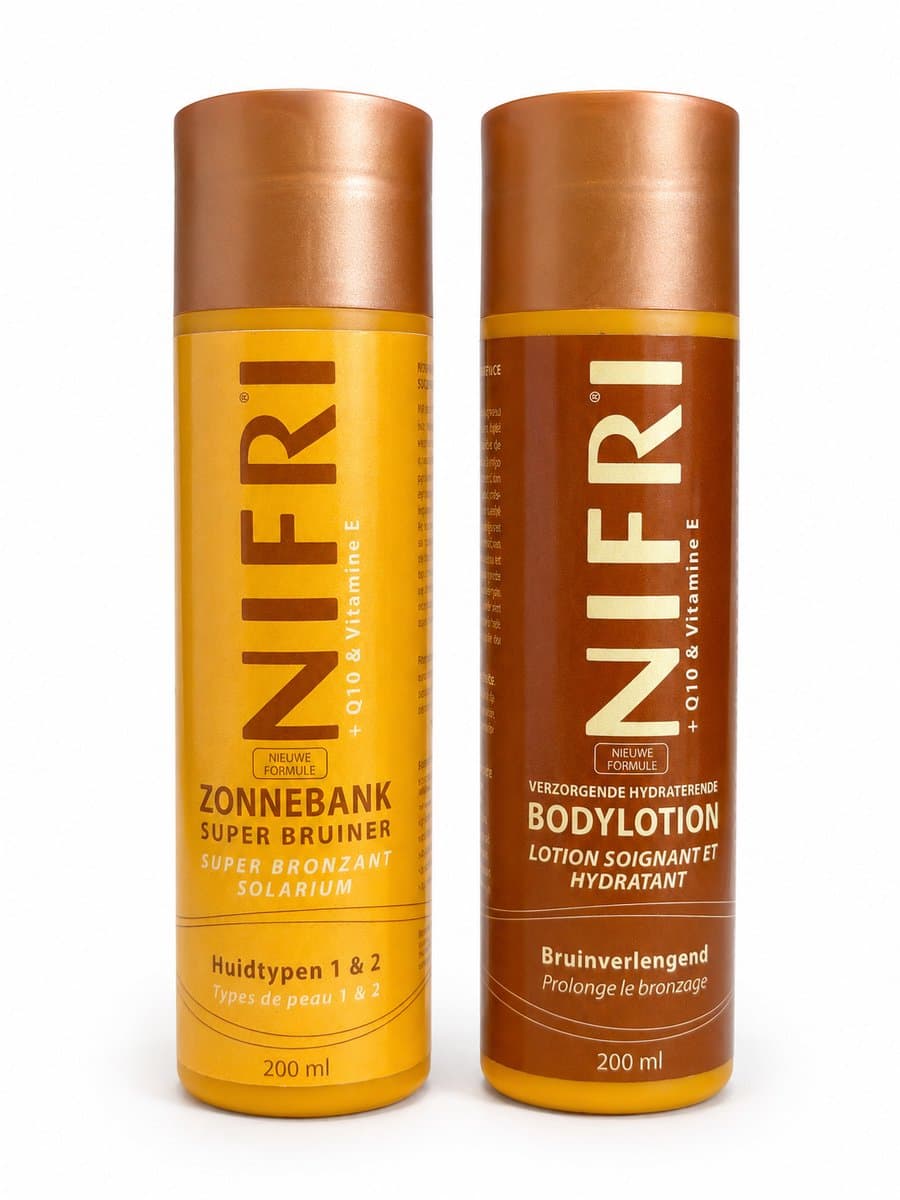 Nifri Zonnebankcrème Voordeelset Huidtype 1 & 2 – Super Bruiner 200ml + Bruinverlengende Bodylotion 200ml – Voor & Na de Zonnebank – Hydraterend met Q10 & Vitamine E