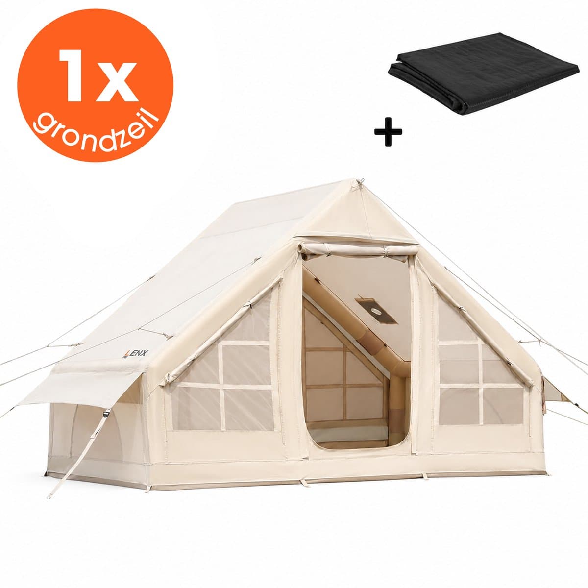 Lenx Opblaasbare Tent 2 tot 4 Personen - 300x210x200 cm - Air Tent - Glamping Tent - Waterdicht - Beige - Inclusief Grondzeil 4x5 m - 420d Oxford Stof