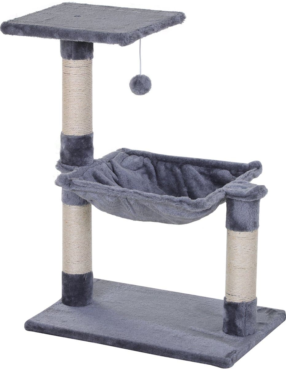 Kattenboom 70 cm Kleine kattenboom met pluche bal, sisalpaal, groot platform, hangmat, krabpaal, klimboom, voor kleine katten, grijs