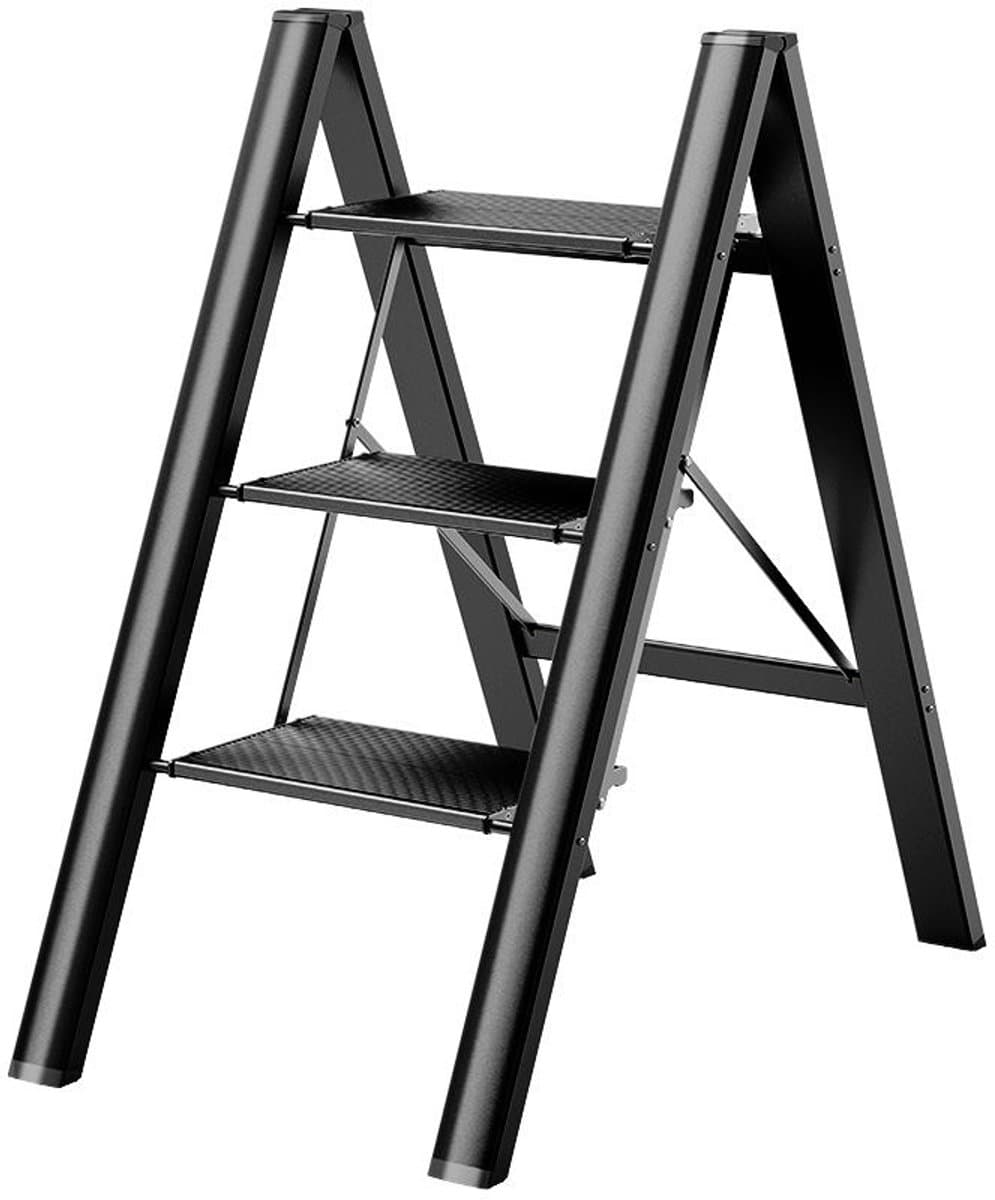 Huishoudtrap 3 Treden - Opstapje 3 Treden - Vouwladder-Keukentrap – Brede Treden –Antislip – Lichtgewicht - Opklapbaar - Keuken - 150 kg- 1 Stuk-Zwart