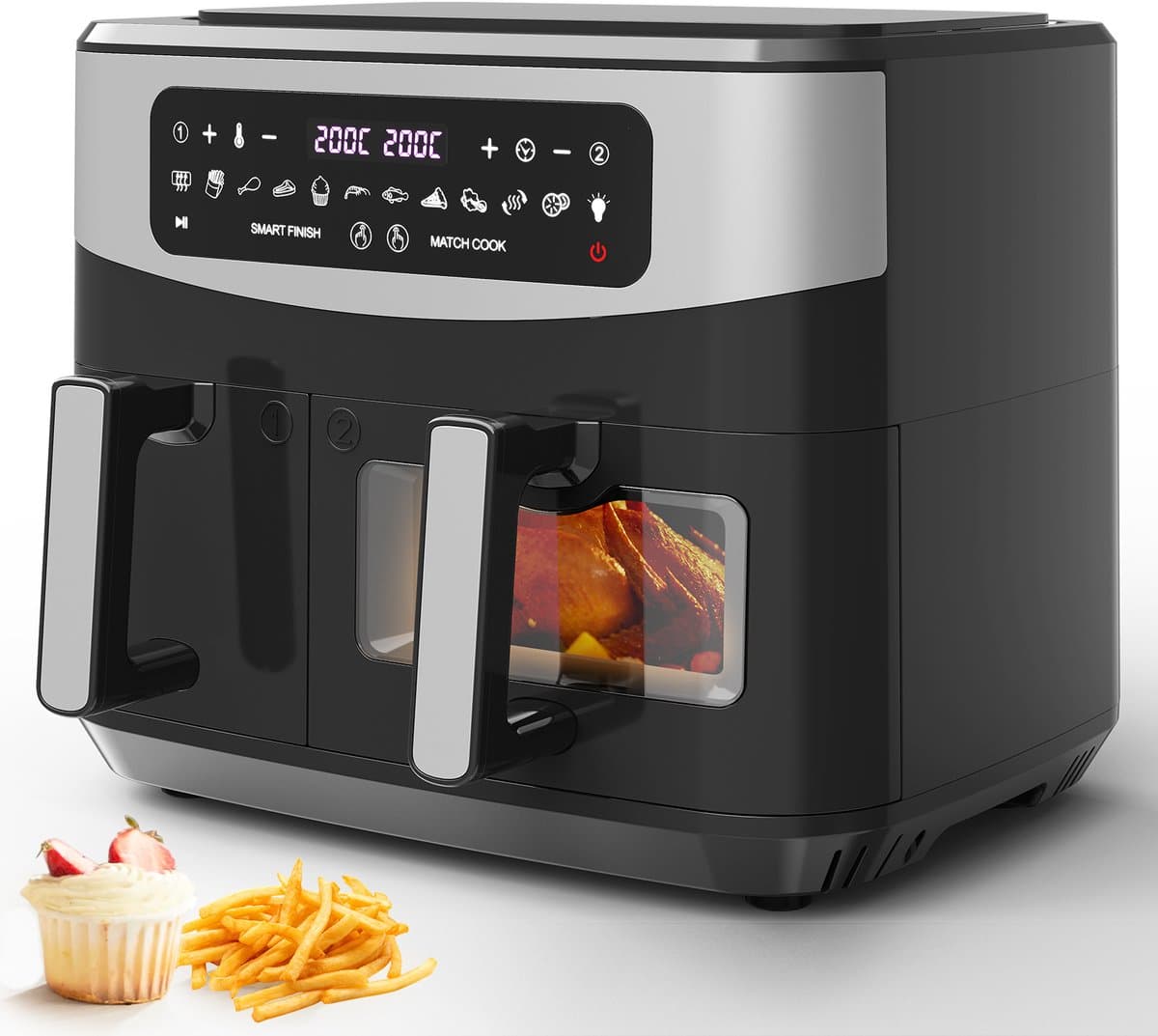 Dubbele heteluchtfriteuse met kijkvenster, 10L (4L x 6L), 2600W capaciteit dubbele Airfryer, 12-in-1-programma's, Air Fryer met touchscreen