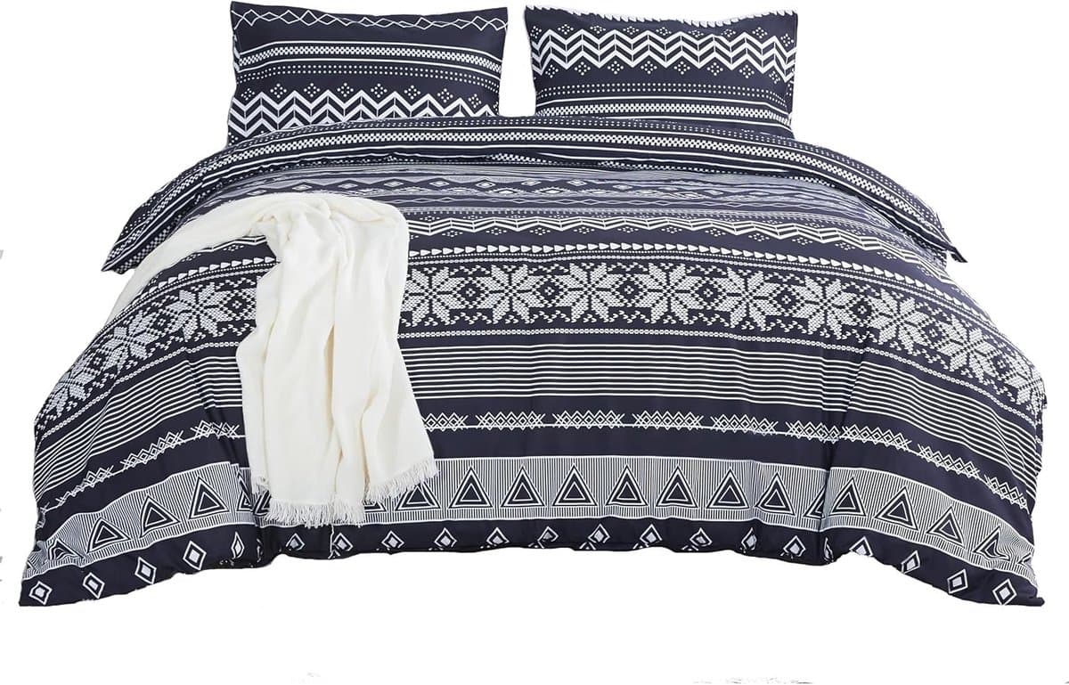 Luxe beddengoed set met praktische rits, zwart Bohemian patroon, dekbedovertrek 180 x 220 cm, hoeslaken 230 x 230 cm en 2 kussenslopen 48 x 74 cm voor een stijlvolle slaapkamer