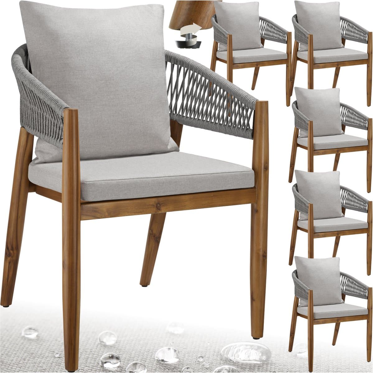 tectake® Set van 6 Tuinstoelen Manacor - Tuinstoel in Rope-Design - Balkonset - Weerbestendige Buitenstoel van Gelakt Acaciahout - Grijs/Beige - Stoelen voor Tuin, Balkon, Terras