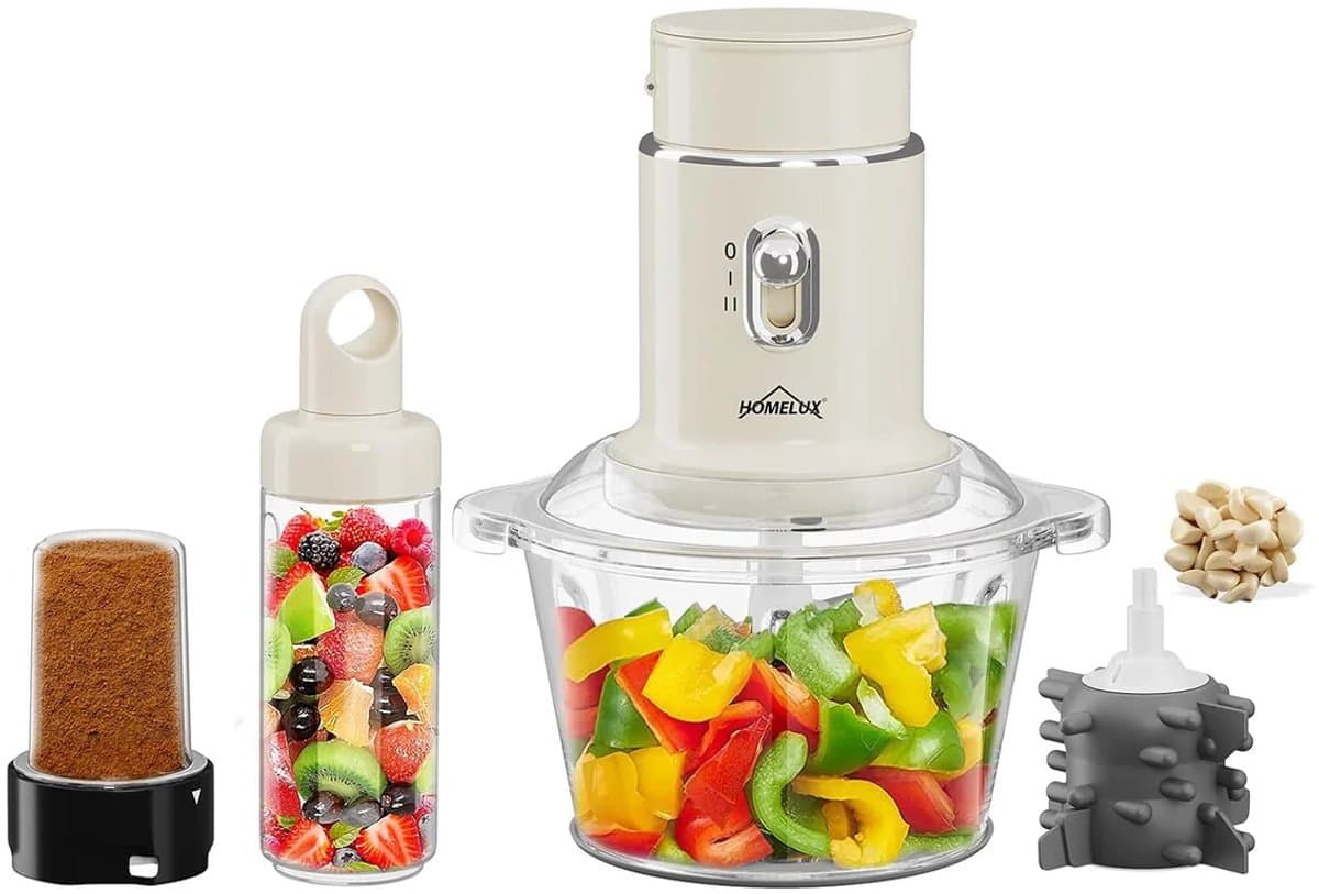 Homelux - 4-in-1 Keukenmachine – Hakmolen – Blender – Mixer – 2L Glazen Kom – 600ml Smoothie Beker – 250W Foodprocessor – Knoflooksnijder – Kruidenmolen – Compact Keukenapparaat – Voor Groenten Vlees Noten Smoothies – Keukenhulp