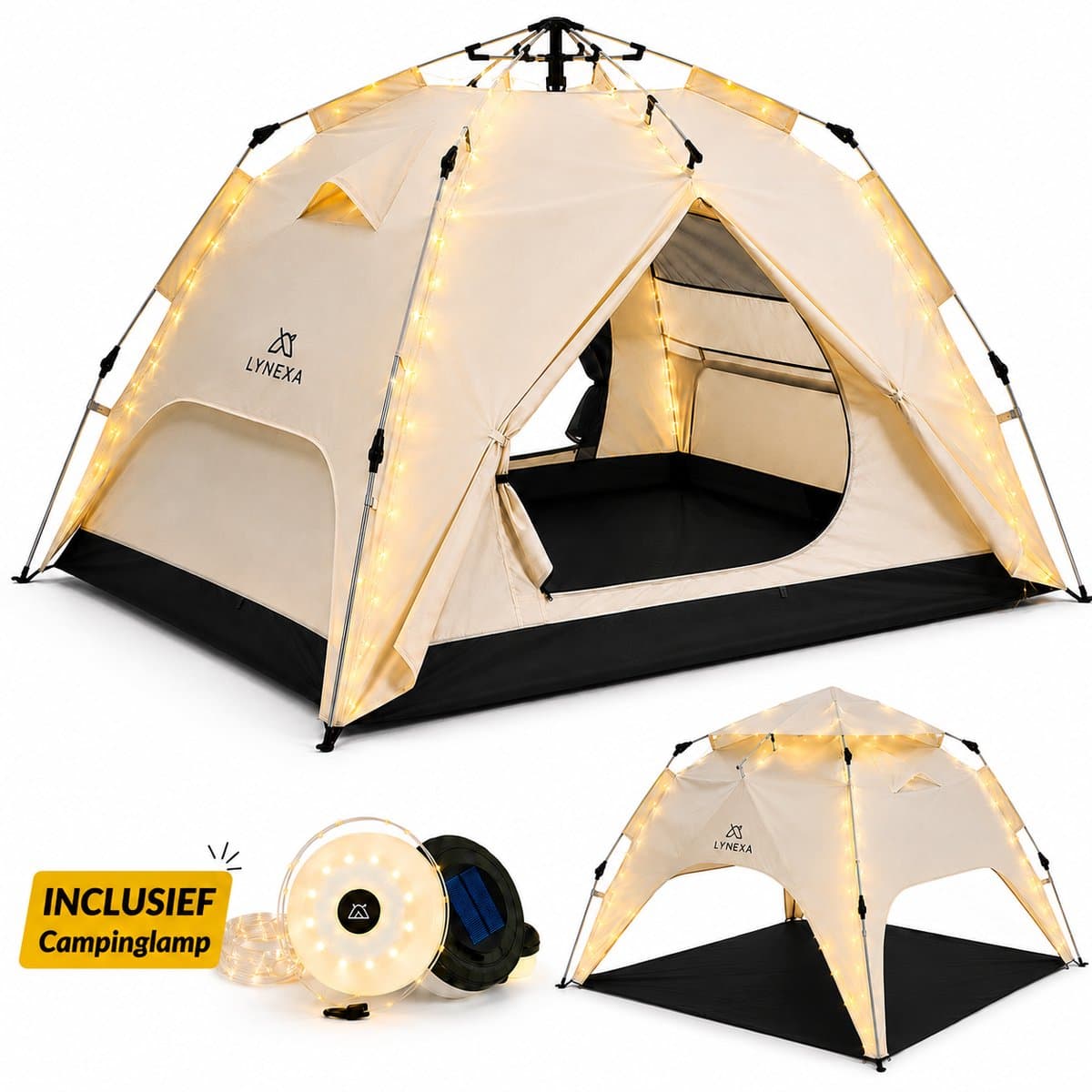 LYNEXA® Tent - Pop up Tent voor 2 tot 3 persoons - Waterdichte Kampeertent - Automatische Camping Tent -Snel Opzetbaar - UV Bescherming - Kamperen & Outdoor - Festival Tent - Lichtgewicht - Inclusief Draagtas & Campinglamp - 245x215x145cm - Zandkleur