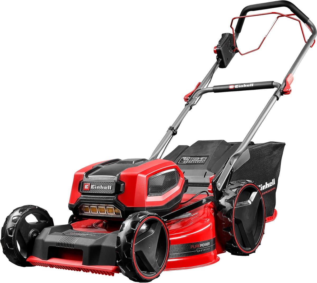 Einhell Professional Accu Grasmaaier GP-CM 36/52 S BL Li Kit - Power X-Change - 36 V/Li-ion - Maaibreedte: 52 cm - Aanbevolen gazonoppervlakte: tot 1200 m² - 65 L opvangzak - Maaihoogte: 25-80 mm - Incl. 4x 5.2 Ah Accu en 2x DUO-lader