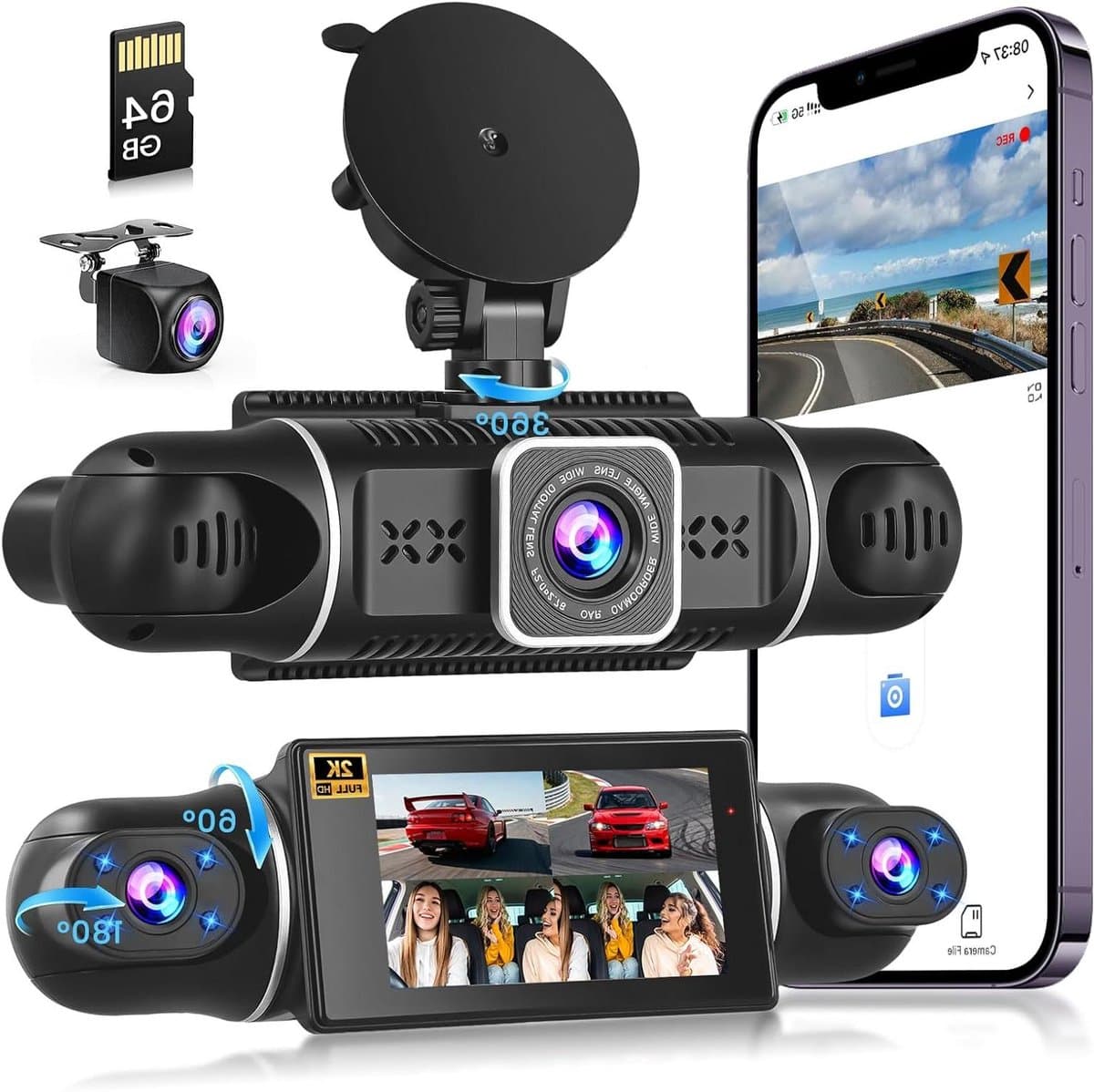 Auto Dashcam - Autocamera Rijrecorder - Veilige Ritten - 4 Kanaals 360° Opname - 3 Inch Scherm - Zwart