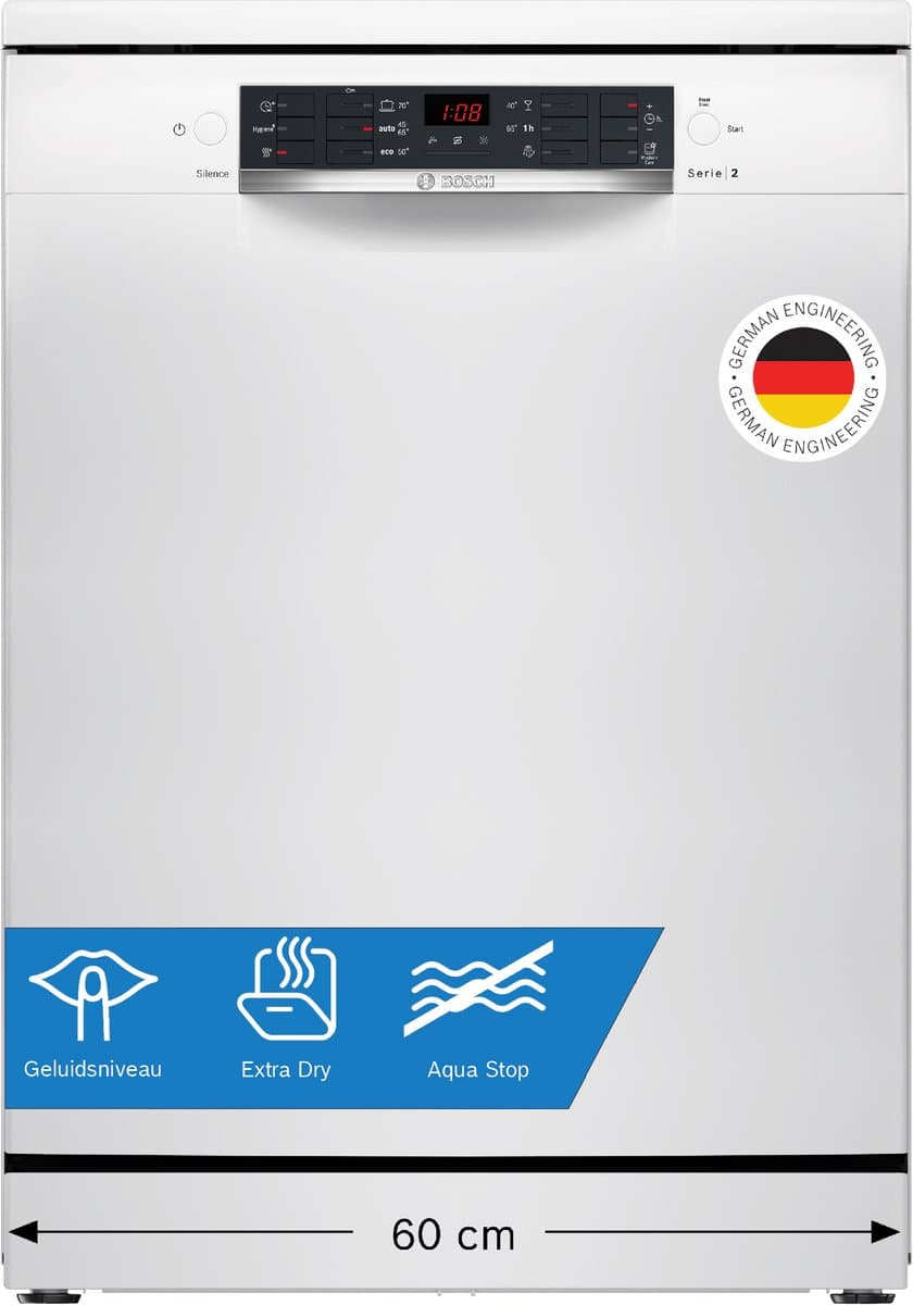 Bosch SMS26AW01F - Serie 2 - Vaatwasser - Vrijstaande vaatwasser - 60 cm - Wit - Extra Droog: optie voor extra grondige droogresultaten