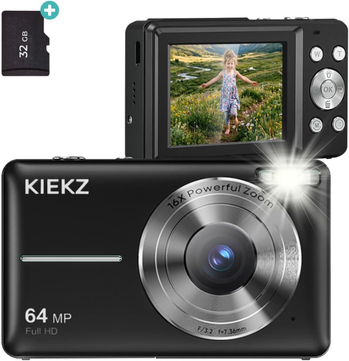 Kiekz Digitale Camera 64MP - Fotocamera Full HD - Compact Camera - Fototoestel - Autofocus - Ideaal voor Kinderen en Beginners - Inclusief 32GB SD Kaart - Zwart