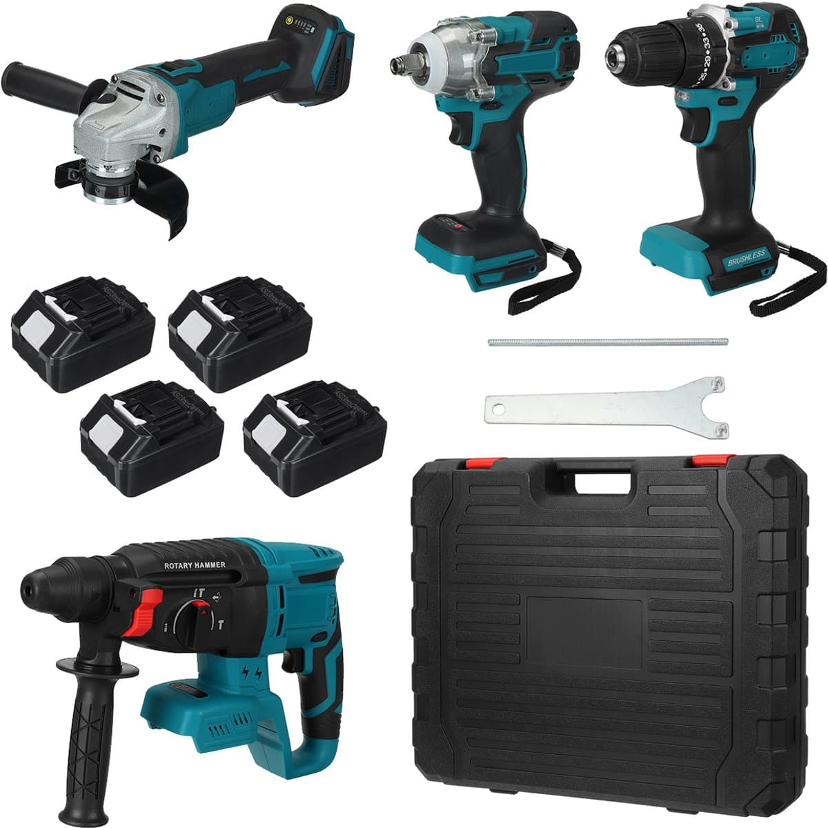 Drillpro 4-in-1 Accu Gereedschapset – 800Nm Slagschroevendraaier, 125mm Haakse Slijper, Boormachine en 4-Functie SDS Boorhamer
