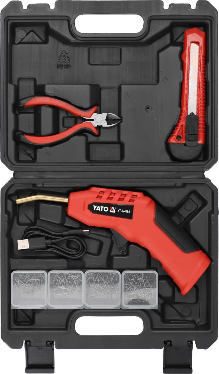 YATO YT-824480 Draadloos Kunststof Lasapparaat - Accu Plastic Reparatieset - 40W - Li-Ion 2000 mAh - Warmt op in 5s - Met LED-Verlichting & 200 Nietjes